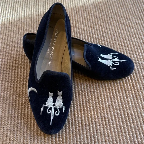 Stubbs & Wootton Navy Velvet Loafers w Silver Cat Embroidery Sz 7 - Picture 7 of 7